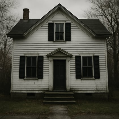 1970s white creepy house with black shutters-1
