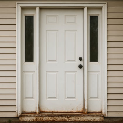 white door with sidelites corroded threshold-1