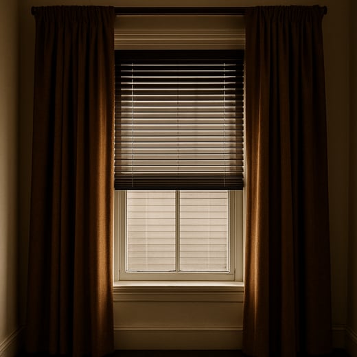 window with heavy drapes and blinds